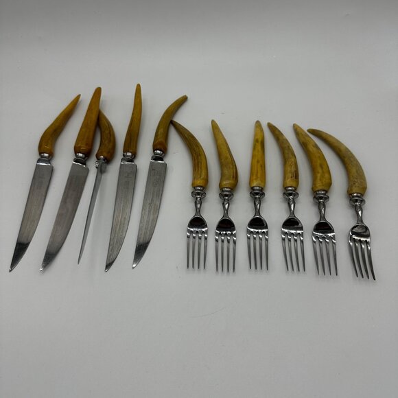 Sheffield Latham Owen Rustic Antler Horn Handle Steak Knives Forks Cased Set 11 - Picture 3 of 16